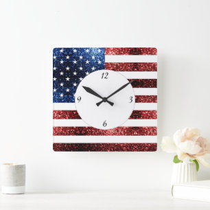 USA flag red blue sparkles glitters with numbers Square Wall Clock