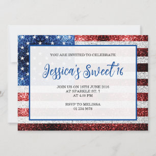 USA flag red blue sparkles Sweet 16 elegant script Invitation