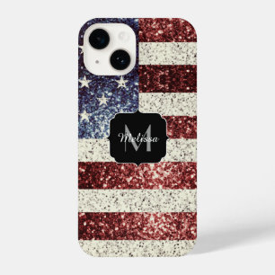 USA flag red gold blue rustic sparkles Monogram iPhone 14 Case