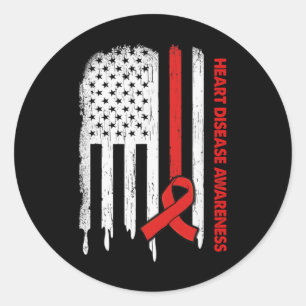 Usa Flag Red Ribbon Heart Disease Awareness  Classic Round Sticker