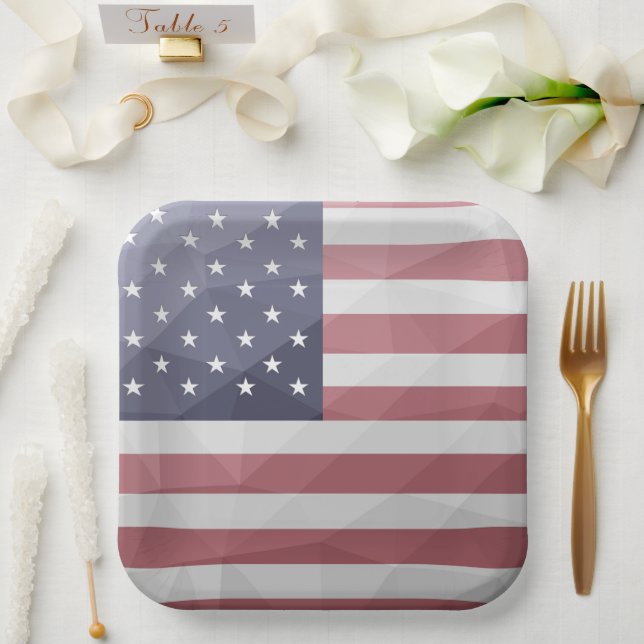 USA flag Red White Blue America Geometric Mesh Paper Plate (Wedding)