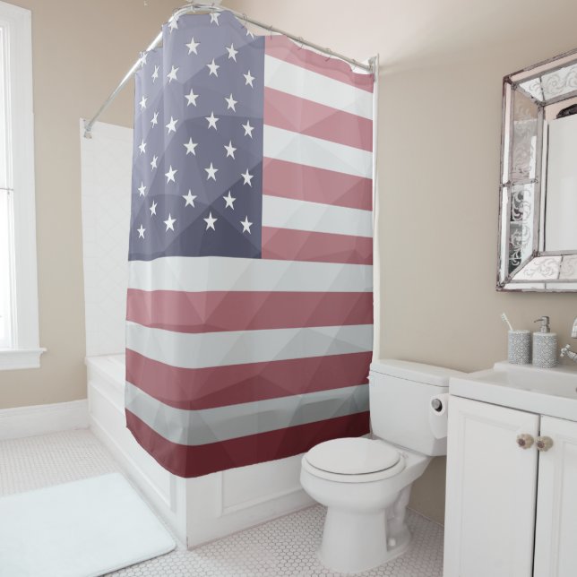 USA flag Red White Blue America Geometric Mesh Shower Curtain (In Situ)