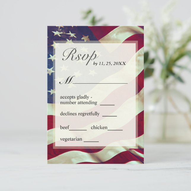USA Flag Red White Blue American Patriotic Wedding RSVP Card (Standing Front)