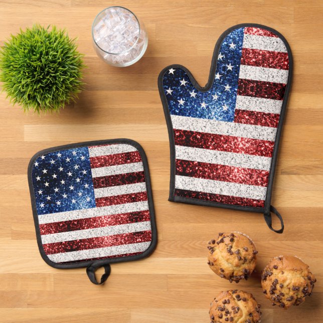 USA flag red white blue faux sparkle patriotic Oven Mitt & Pot Holder Set (Top Down)