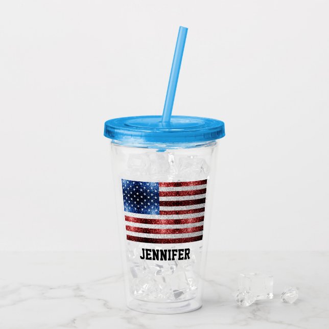 USA flag red white blue sparkles bling Custom name Acrylic Tumbler (Back Ice)