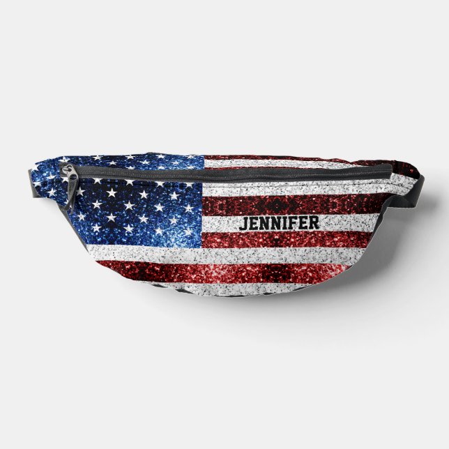 USA flag red white blue sparkles bling Custom name Bum Bags (Lay Down)