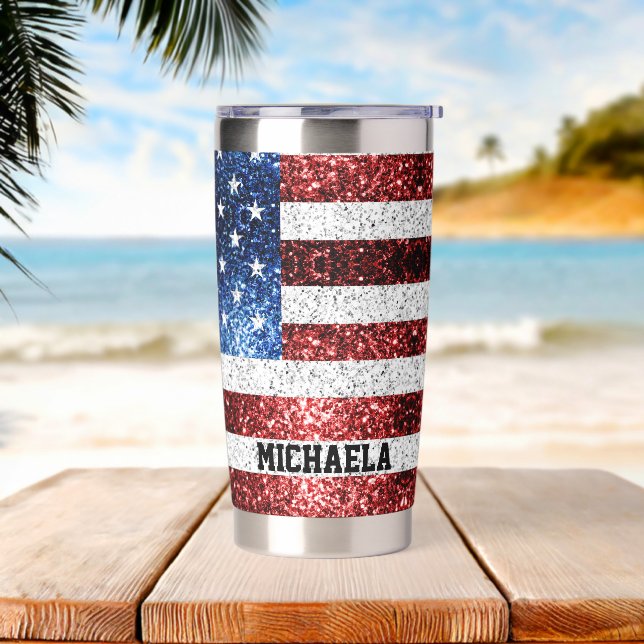 USA flag red white blue sparkles bling Custom name Insulated Tumbler (Beach)