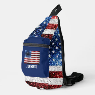 USA flag red white blue sparkles Custom name Sling Bag