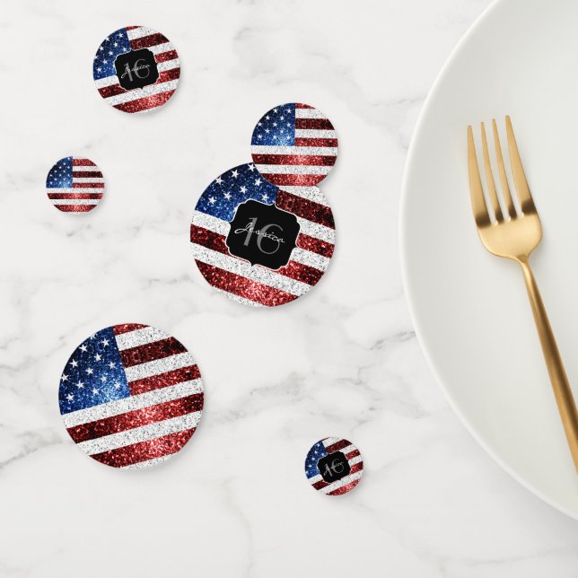 USA flag red white blue sparkles glitter Sweet 16 Confetti (Group)