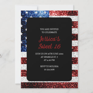 USA flag red white blue sparkles glitter Sweet 16 Invitation