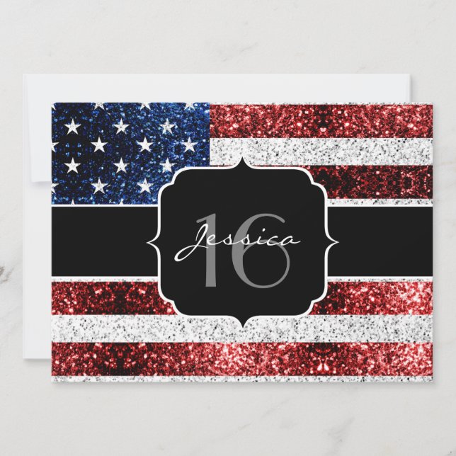 USA flag red white blue sparkles glitter Sweet 16 Invitation (Front)
