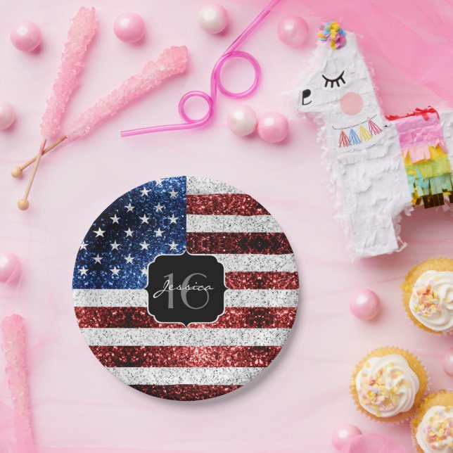 USA flag red white blue sparkles glitter Sweet 16 Paper Plate (Party)