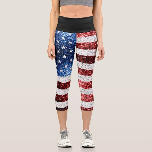 USA flag red white blue sparkles glitters Capri Leggings (Front)