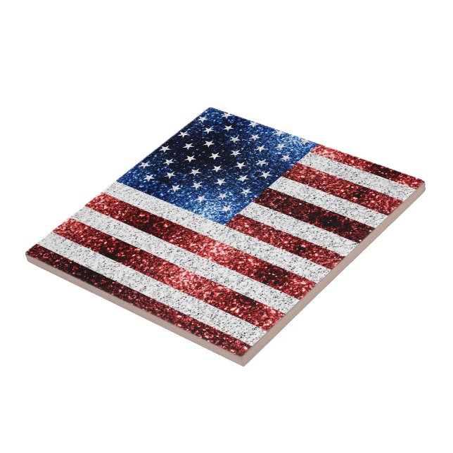 USA flag red white blue sparkles glitters Ceramic Tile (Side)