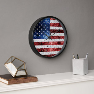 USA flag red white blue sparkles glitters Clock