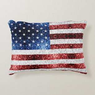 USA flag red white blue sparkles glitters Decorative Cushion