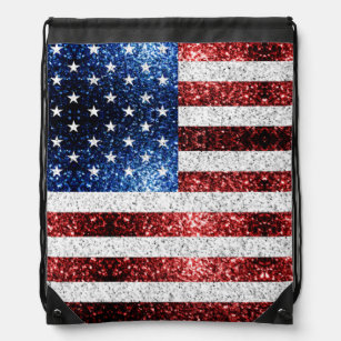 USA flag red white blue sparkles glitters Drawstring Bag