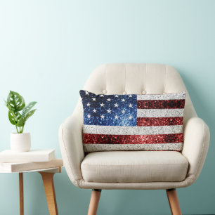 USA flag red white blue sparkles glitters Lumbar Cushion