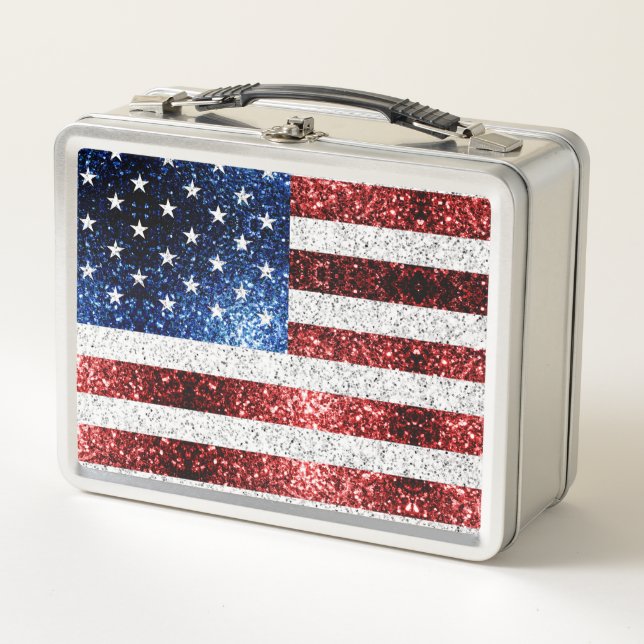 USA flag red white blue sparkles glitters Metal Lunch Box (Front)