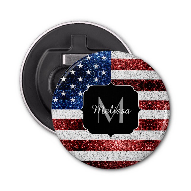 USA flag red white blue sparkles glitters Monogram Bottle Opener (Front)