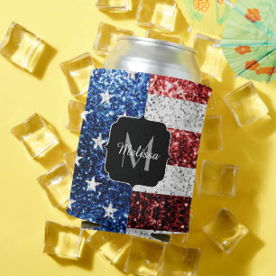 USA flag red white blue sparkles glitters Monogram Can Cooler