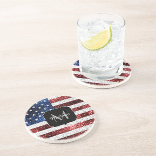 USA flag red white blue sparkles glitters Monogram Coaster