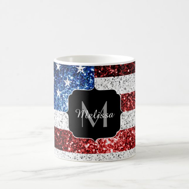 USA flag red white blue sparkles glitters Monogram Coffee Mug (Center)