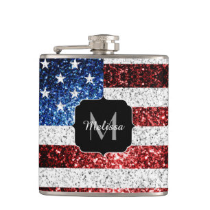USA flag red white blue sparkles glitters Monogram Hip Flask
