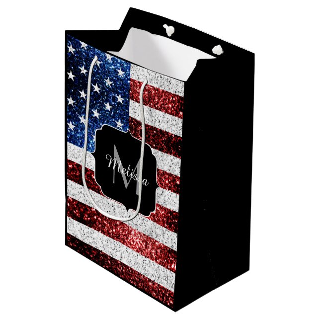 USA flag red white blue sparkles glitters Monogram Medium Gift Bag (Front Angled)