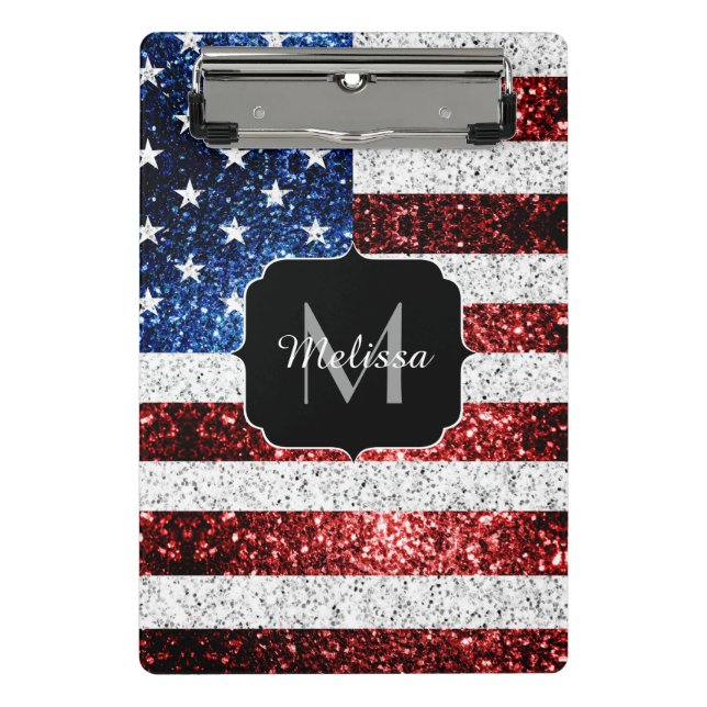 USA flag red white blue sparkles glitters Monogram Mini Clipboard (Front)