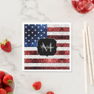 USA flag red white blue sparkles glitters Monogram Napkin