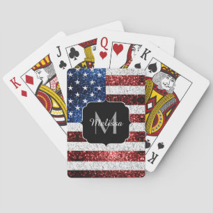USA flag red white blue sparkles glitters Monogram Playing Cards