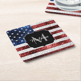 USA flag red white blue sparkles glitters Monogram Square Paper Coaster