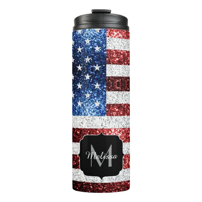 USA flag red white blue sparkles glitters Monogram Thermal Tumbler (Front)