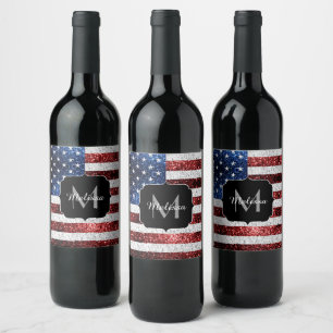 USA flag red white blue sparkles glitters Monogram Wine Label