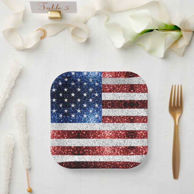 USA flag red white blue sparkles glitters Paper Plate (Wedding)