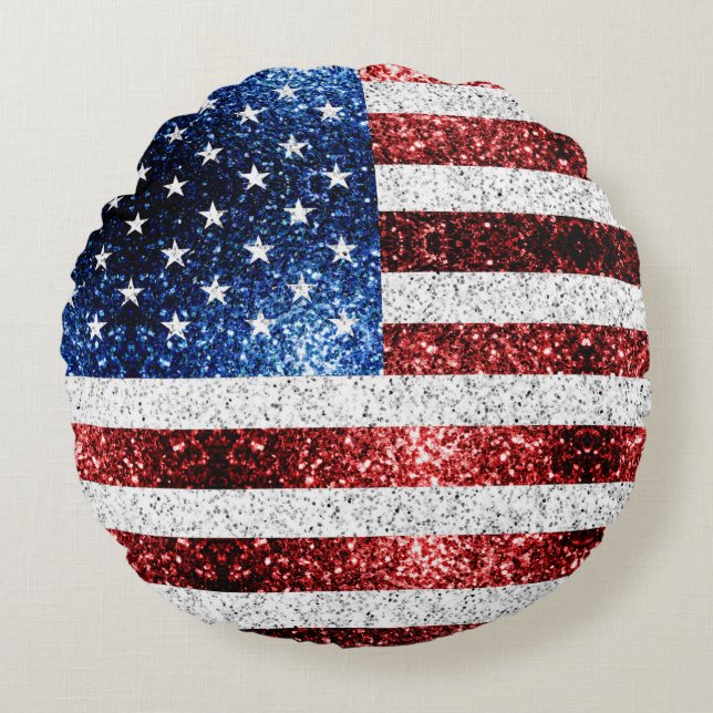 USA flag red white blue sparkles glitters Round Cushion (Front)