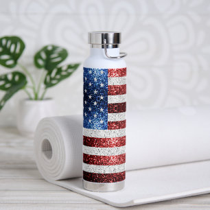 USA flag red white blue sparkles glitters Water Bottle