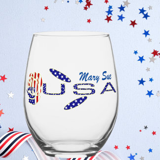 USA Flag Rose on Its Side Blue Personalised Stemless Wine Glass
