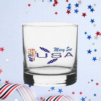 USA Flag Rose on Its Side Blue Personalised Whiskey Glass