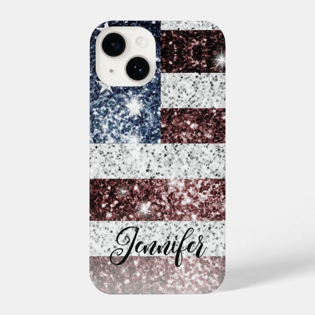 USA flag rustic America faux sparkles Your name iPhone Case (Back)