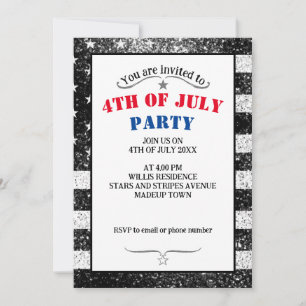 USA flag Rustic Black White Grey Sparkles 4th July Invitation