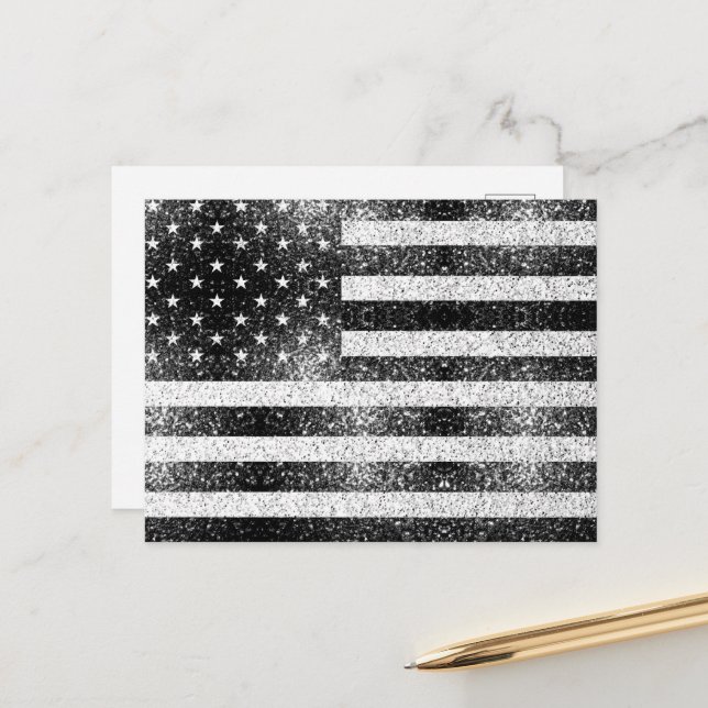 USA flag Rustic Black White Grey Sparkles 4th July Postcard (Front/Back In Situ)