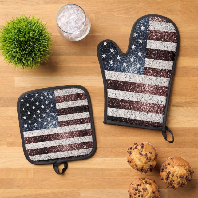 USA flag rustic faux sparkle patriotic bling Oven Mitt & Pot Holder Set (Top Down)