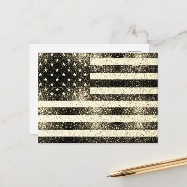 USA flag Rustic gold sepia Sparkles 4th July Postcard (Front/Back In Situ)