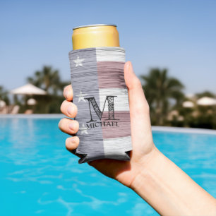 USA flag Rustic Red White Blue Wood Monogram Seltzer Can Cooler