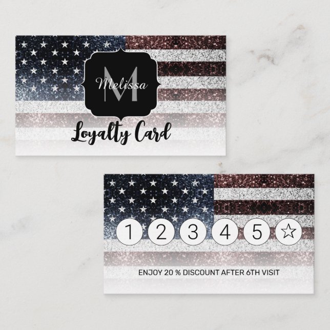 USA flag rustic sparkles glitters Monogram Loyalty Card (Front/Back)