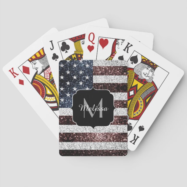 USA flag rustic sparkles glitters Monogram Playing Cards (Back)