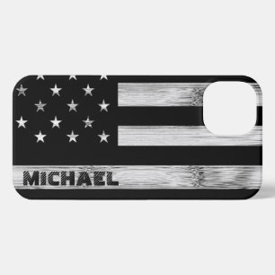 USA flag Rustic Wood Black White Monogram iPhone 13 Case