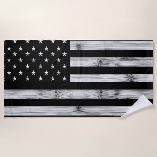 USA flag Rustic Wood Black White Patriotic America Beach Towel (Front)